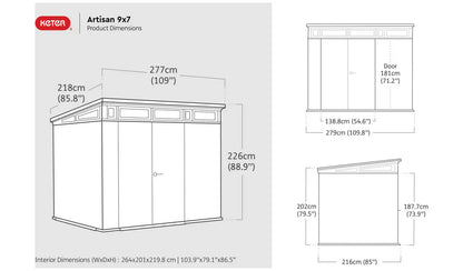 Keter Artisan 9x7ft Double Door Pent Outdoor Plastic Garden Shed