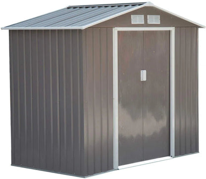 7x4ft Metal Apex Garden Shed, Lockable Outdoor Storage Shed with Double Sliding Doors
