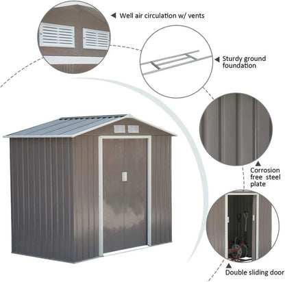 7x4ft Metal Apex Garden Shed, Lockable Outdoor Storage Shed with Double Sliding Doors