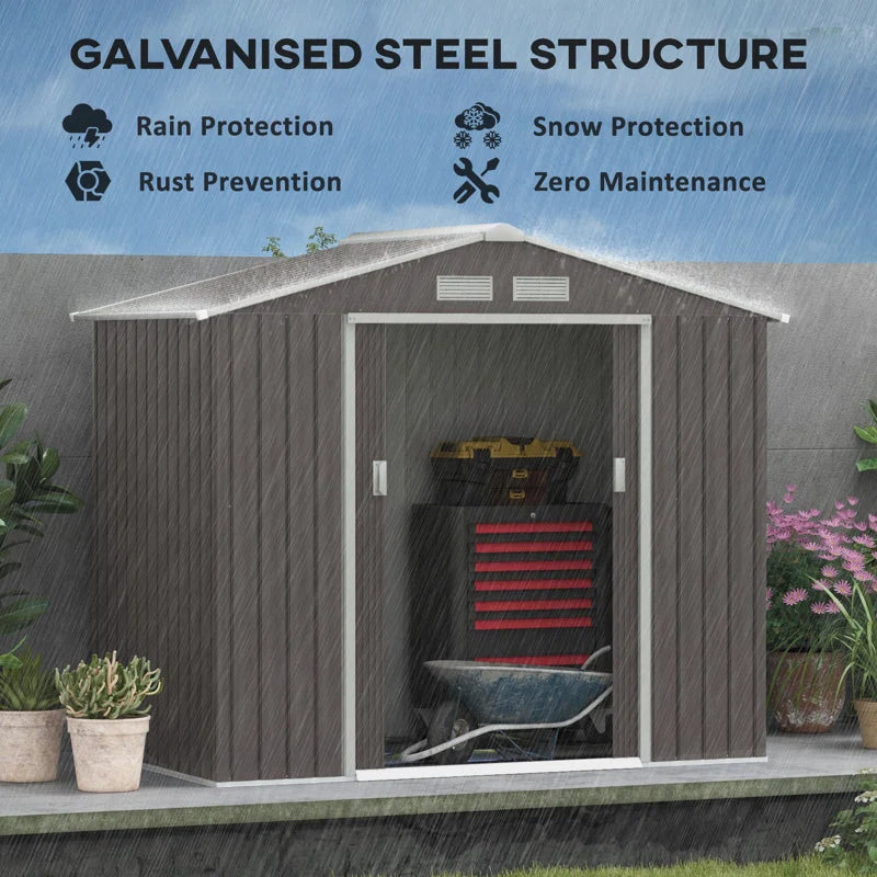 7x4ft Metal Apex Garden Shed, Lockable Outdoor Storage Shed with Double Sliding Doors