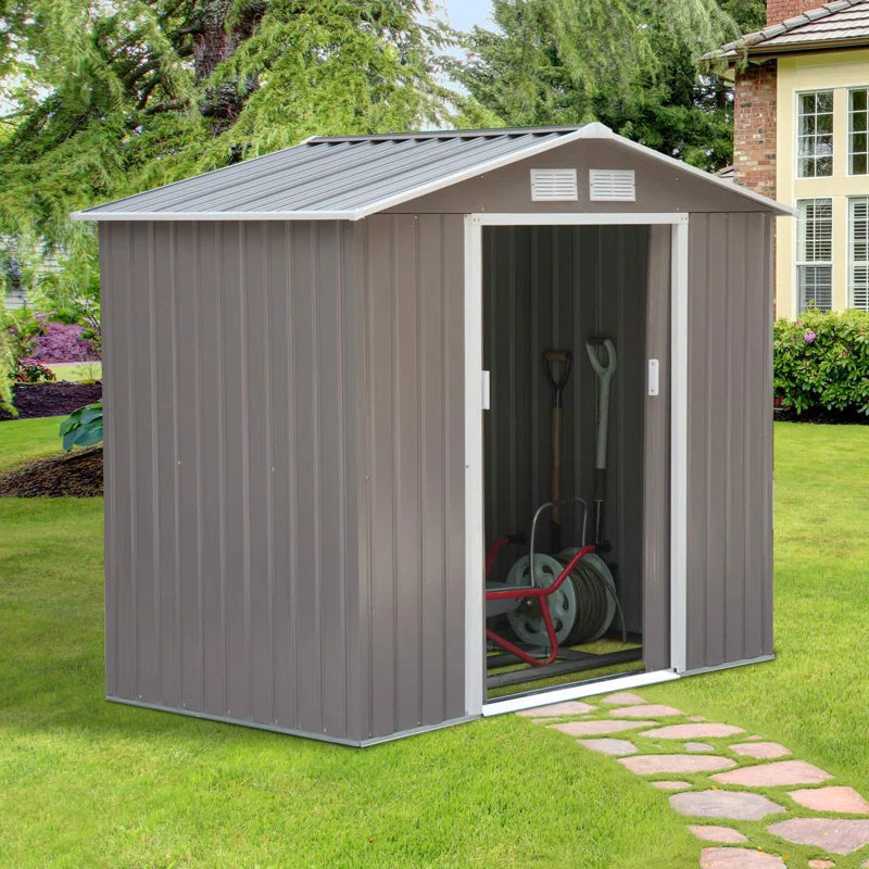 7x4ft Metal Apex Garden Shed, Lockable Outdoor Storage Shed with Double Sliding Doors