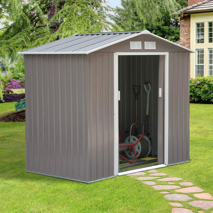 7x4ft Metal Apex Garden Shed, Lockable Outdoor Storage Shed with Double Sliding Doors