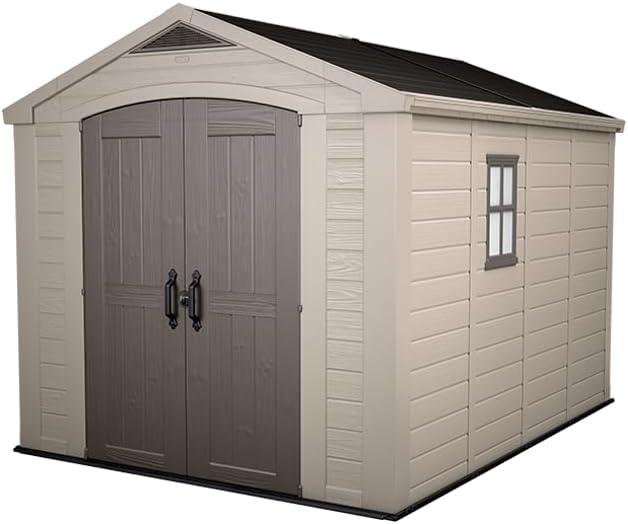 8x11ft Factor Outdoor Garden Storage Shed - Beige Resin, Steel-Reinforced
