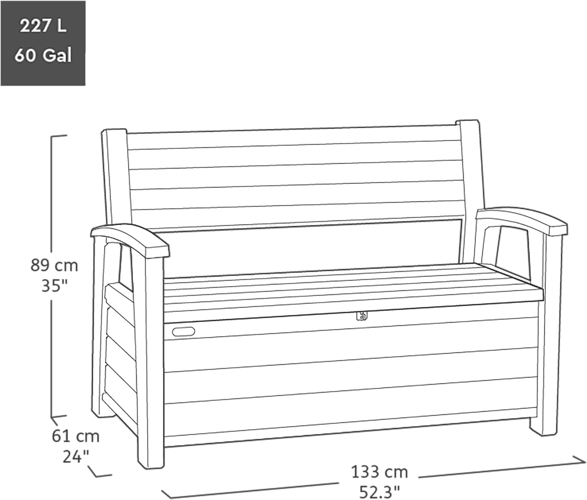 227L Outdoor Storage Bench - Seats 2, Wood-Look Resin, All-Weather