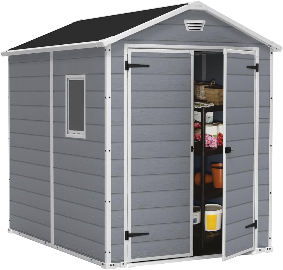 6x5ft Outdoor Plastic Garden Storage Shed - Weatherproof Grey Garden Shed