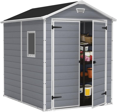 6x5ft Outdoor Plastic Garden Storage Shed - Weatherproof Grey Garden Shed