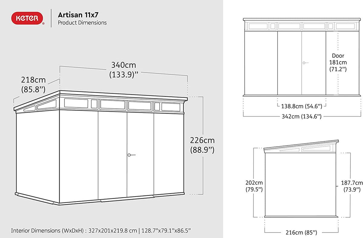 Keter Artisan 11x7ft Double Door Pent Outdoor Plastic Garden Shed
