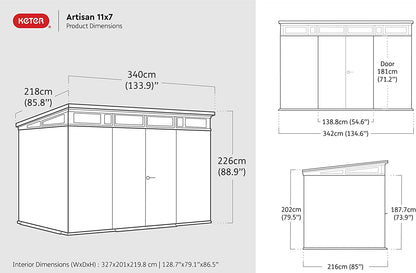 Keter Artisan 11x7ft Double Door Pent Outdoor Plastic Garden Shed
