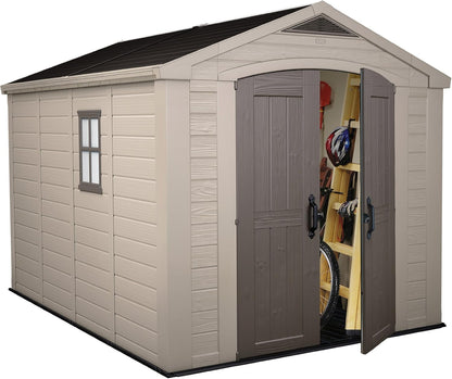8x11ft Factor Outdoor Garden Storage Shed - Beige Resin, Steel-Reinforced
