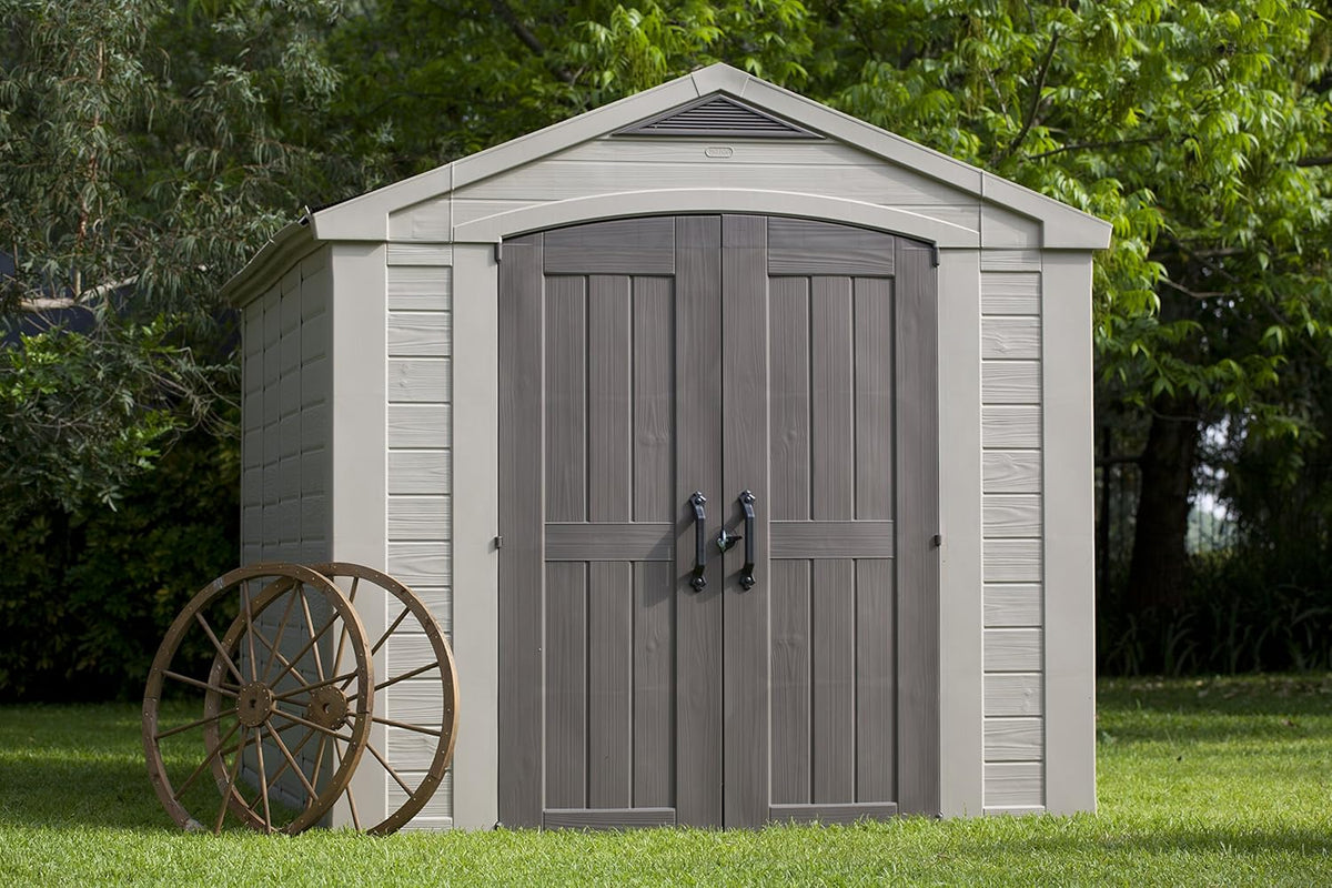 8x11ft Factor Outdoor Garden Storage Shed - Beige Resin, Steel-Reinforced