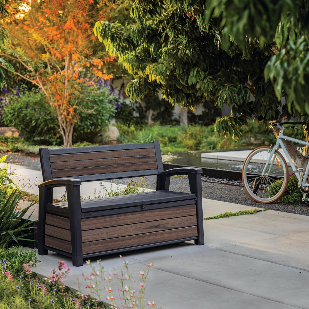 227L Outdoor Storage Bench - Seats 2, Wood-Look Resin, All-Weather