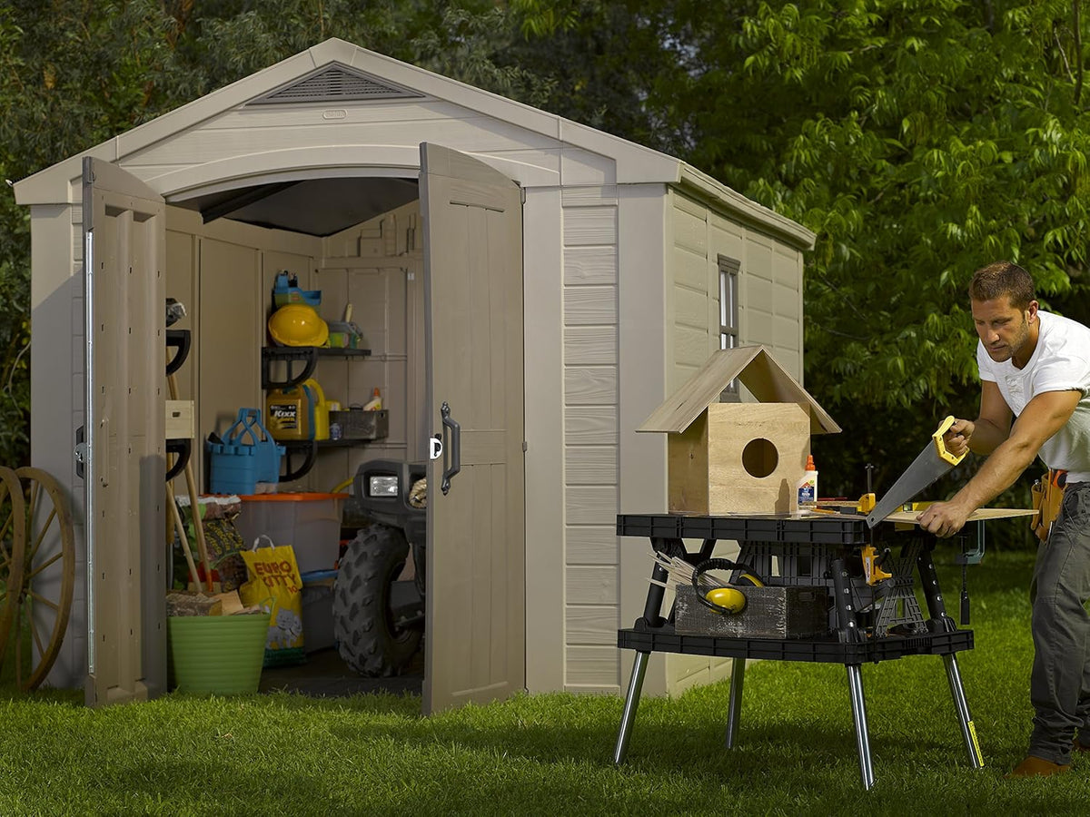 8x11ft Factor Outdoor Garden Storage Shed - Beige Resin, Steel-Reinforced
