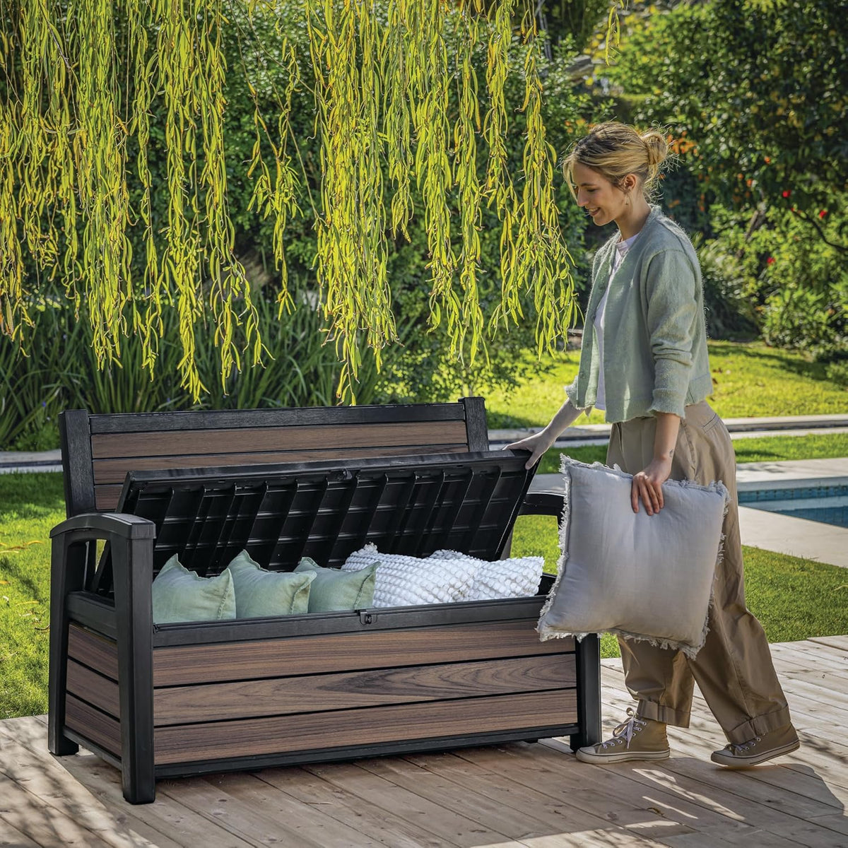 227L Outdoor Storage Bench - Seats 2, Wood-Look Resin, All-Weather