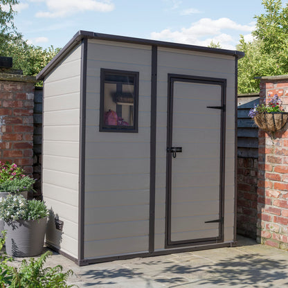 Keter Manor Outdoor Pent Single Door Garden Storage Shed 6x4ft Beige Brown Wood Effect
