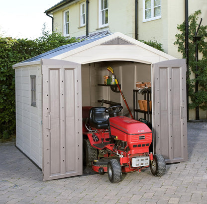 8x11ft Factor Outdoor Garden Storage Shed - Beige Resin, Steel-Reinforced