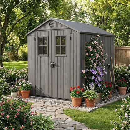 4x6ft Heavy Duty Plastic Garden Shed, Weather-Resistant Outdoor Storage Shed, Lockable Double Doors, Grey