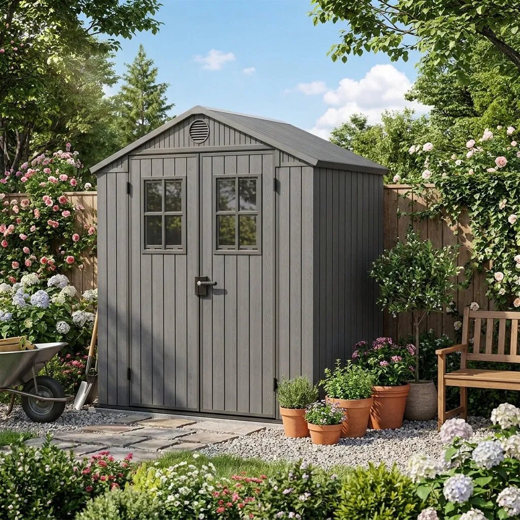 4x6ft Heavy Duty Plastic Garden Shed, Weather-Resistant Outdoor Storage Shed, Lockable Double Doors, Grey
