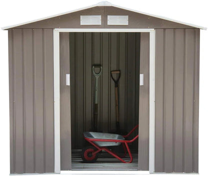 7x4ft Metal Apex Garden Shed, Lockable Outdoor Storage Shed with Double Sliding Doors