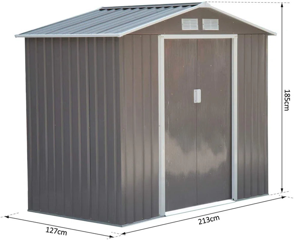 7x4ft Metal Apex Garden Shed, Lockable Outdoor Storage Shed with Double Sliding Doors